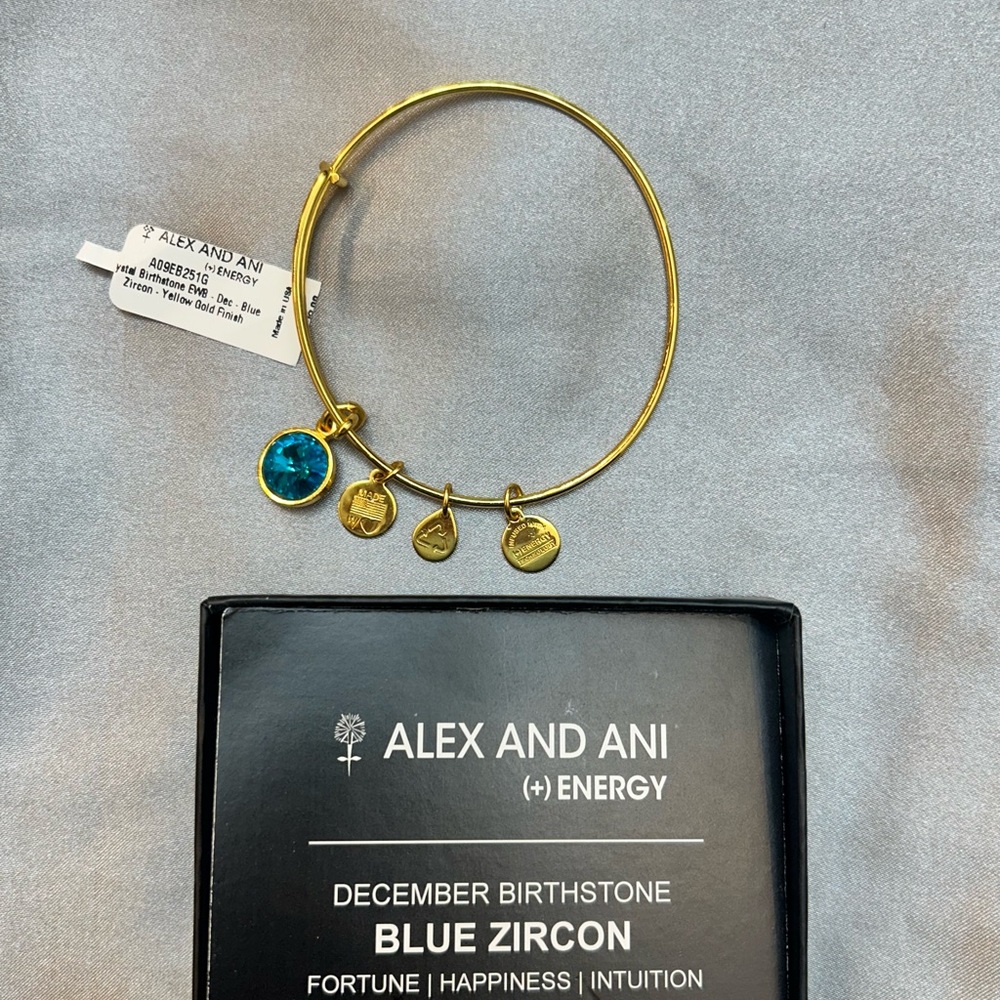 Alex and Ani Gold Bangle with Blue Zircon December Charm